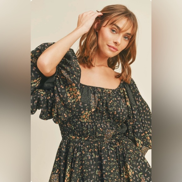 THE POST Anthro Fall Floral Bubble Sleeve Flared Mini Dress- Size Small - Picture 2 of 12